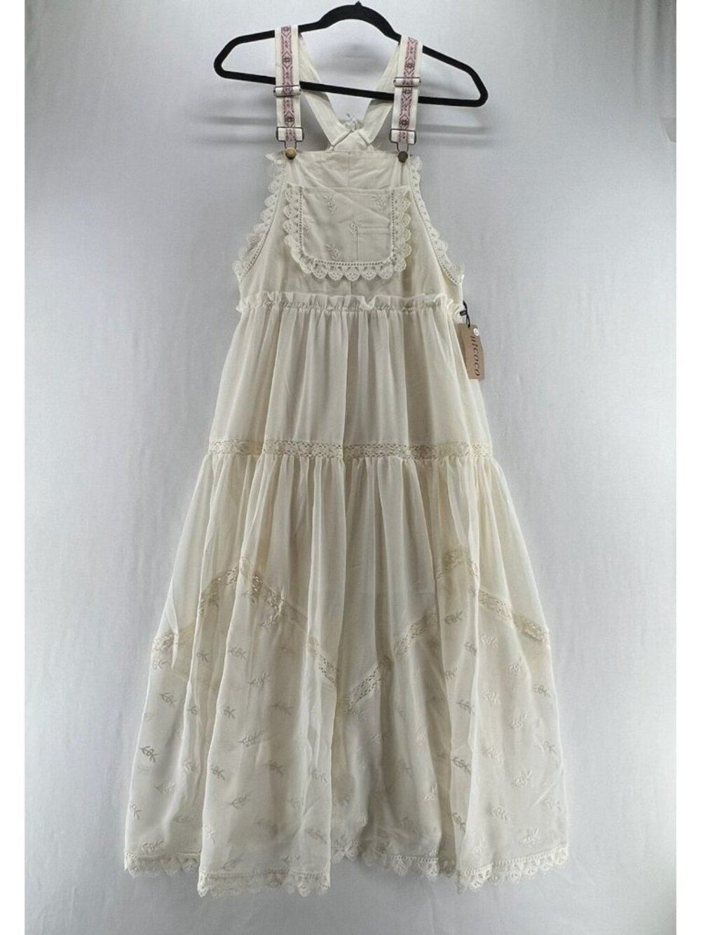 Utcoco Tulle Bib Pinafore Maxi Dress Size 2XL Lace Trim Embroidered Tiered Cream